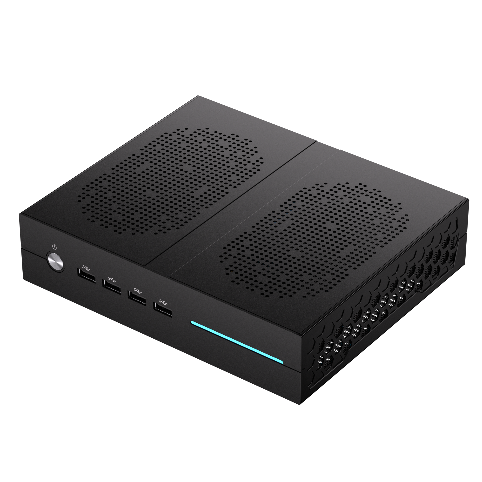RTVCP Sparrow Edge hardware appliance with a black ventilated enclosure and cyan front light